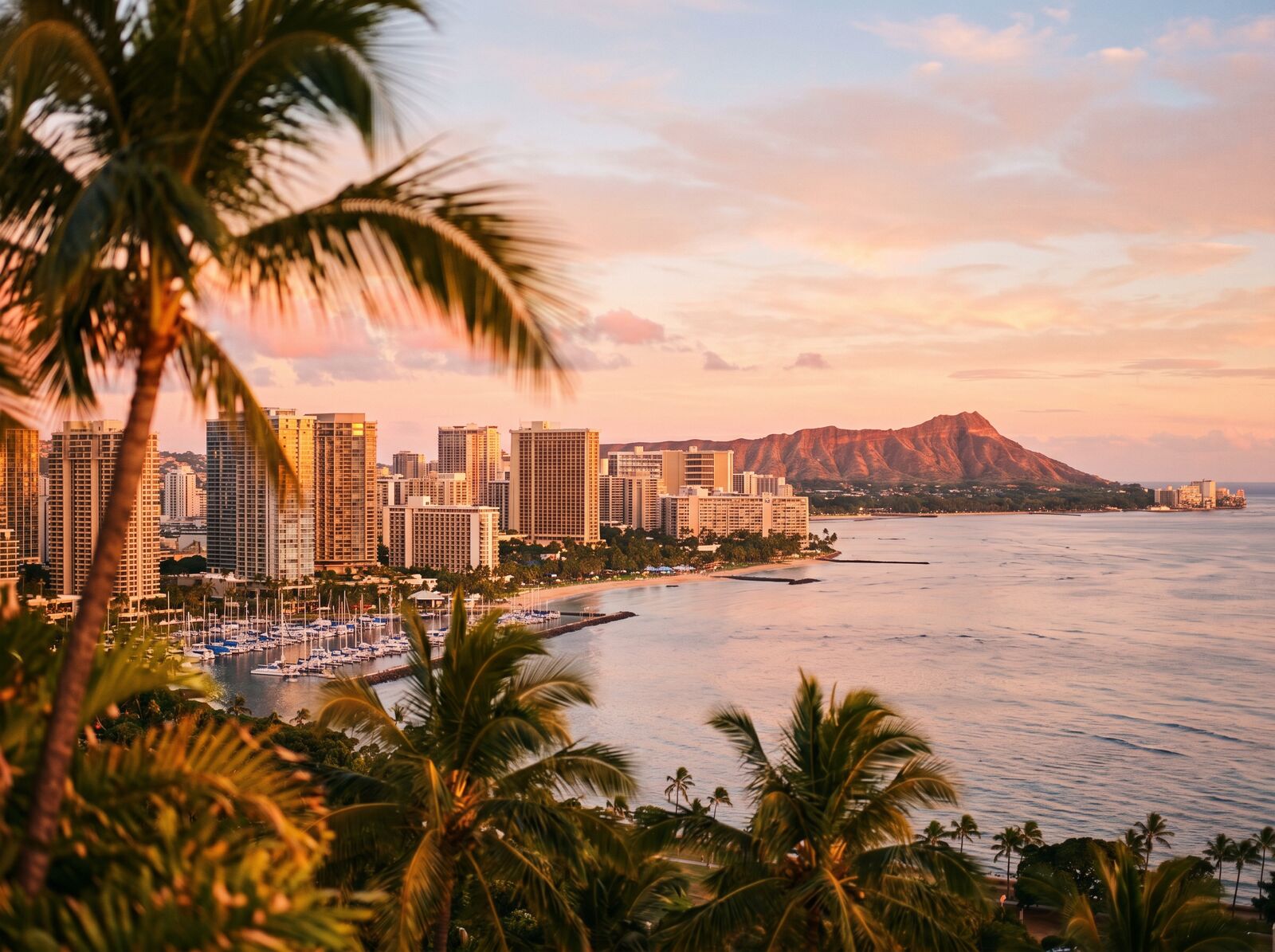Honolulu and Diamond Head at golden hour